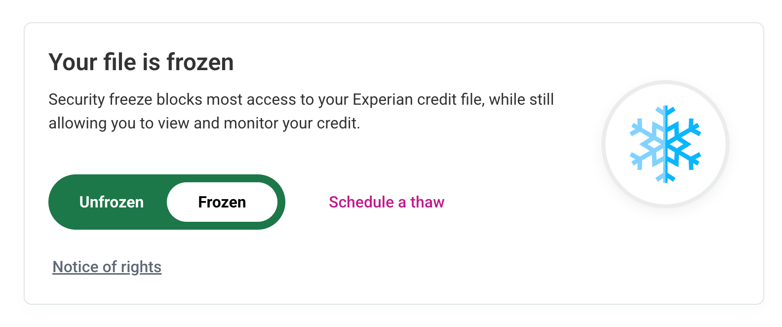 Confirmation of Experian credit file freeze