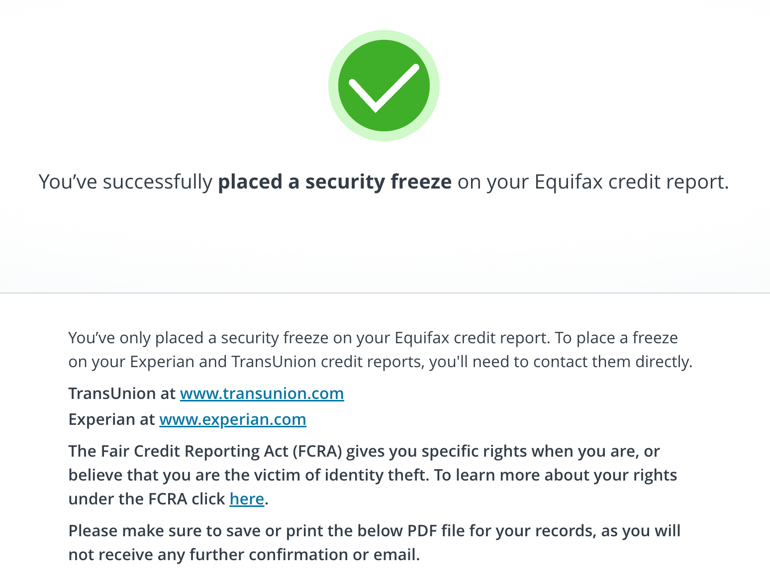 Confirmation of Equifax credit report freeze