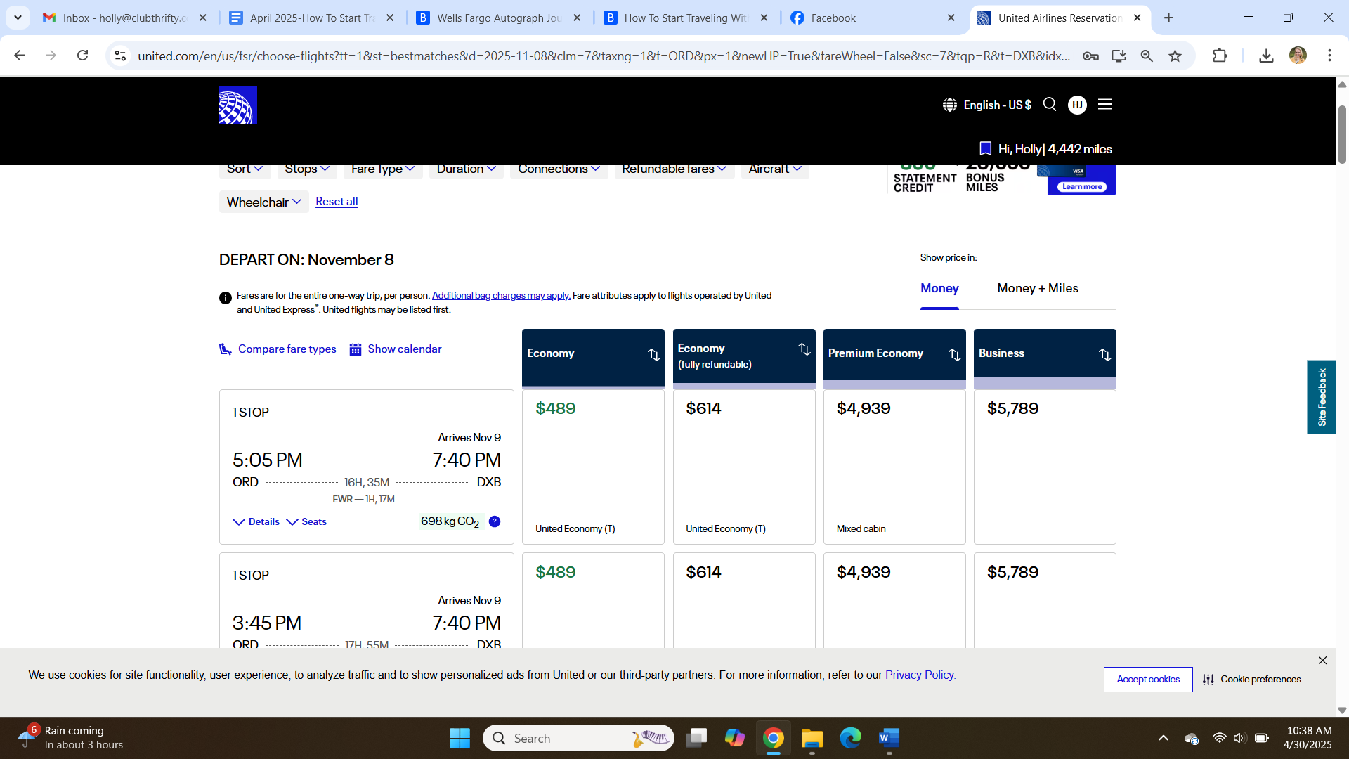 Screenshot of United flight