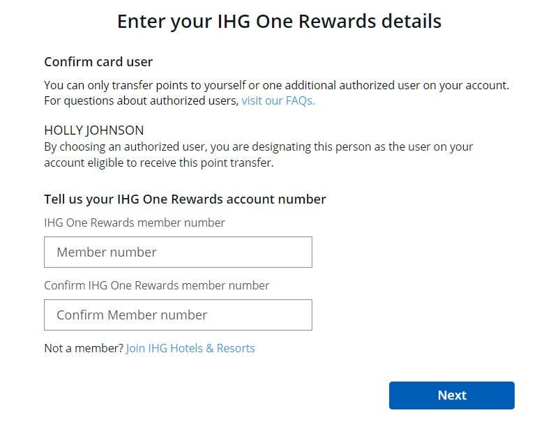 Screenshot of the IHG One Rewards portal with fields requesting cardholder information.