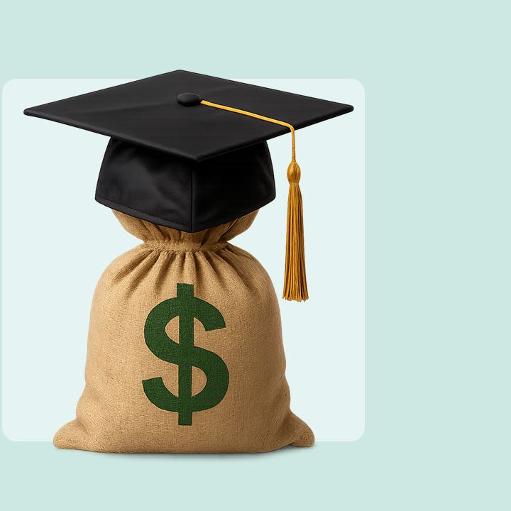 A sack of money with a graduation cap sitting on top.